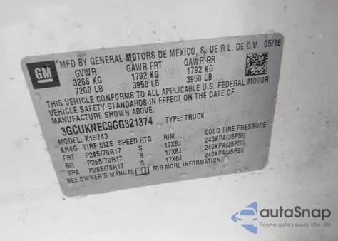 2016 Chevrolet Silverado 1500 Wt from USA, damaged, VIN 3GCUKNEC9GG321374